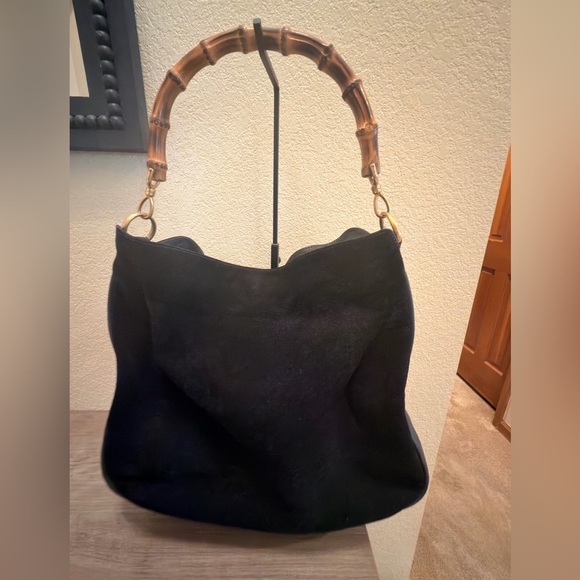 Gucci Black Suede Leather Bamboo Handle Hobo Bag With Detachable Crossbody Strap